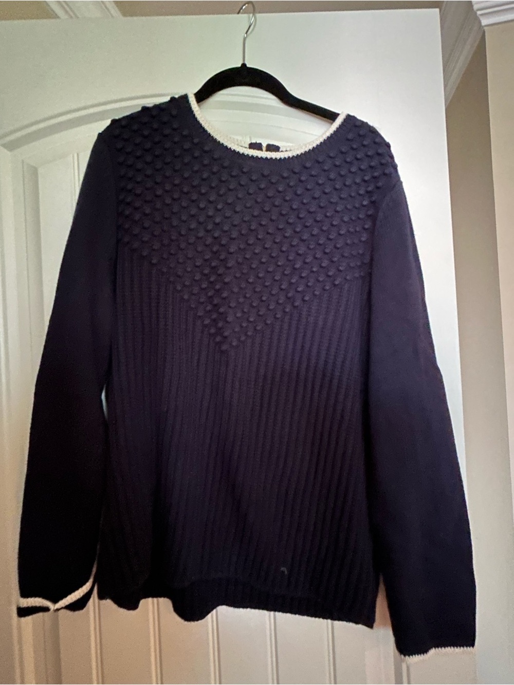 Women’s Navy Textured Crewneck Sweater with Contrast Trim
